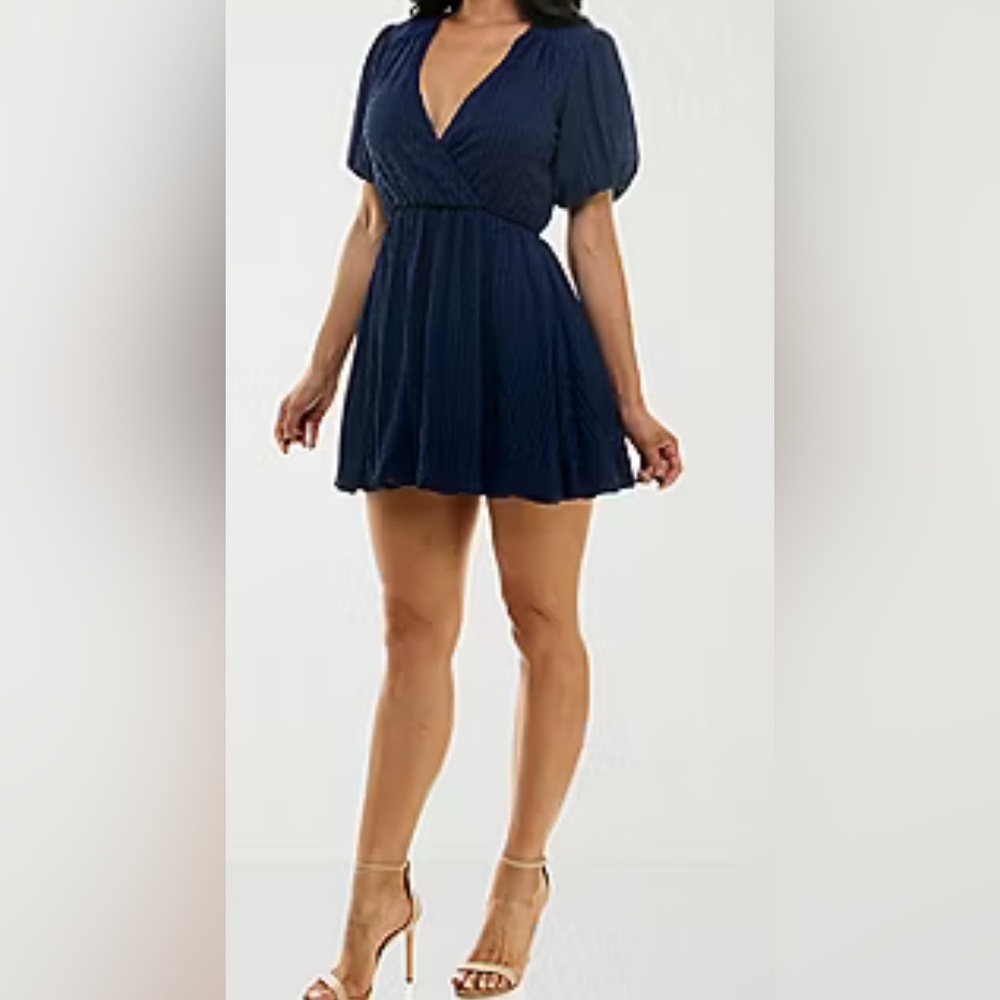 B. Smart Blue Pleated Wrap Mini Dress
